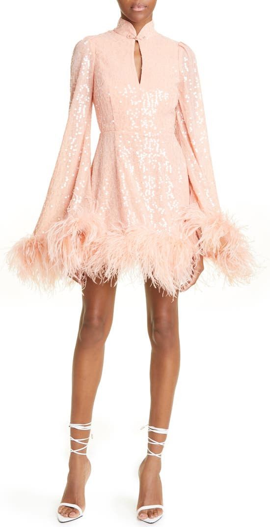 SAU LEE Bianca Sequin Feather Trim Long Sleeve Dress | Sequin Dress Dresses | Pink Dress Dresses |  | Nordstrom