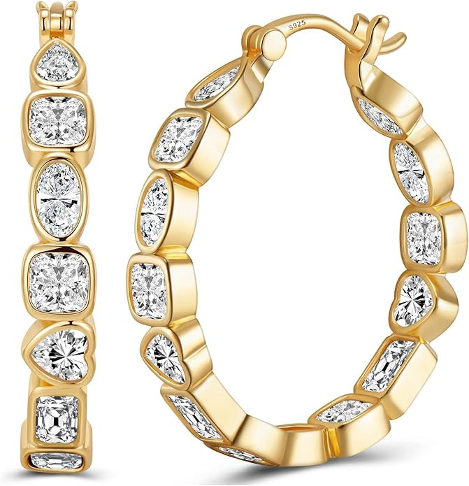 925 Sterling Silver Post Hoop Earrings for Women Multcolors Cubic Zirconia Gold Plated Christmas ... | Amazon (US)