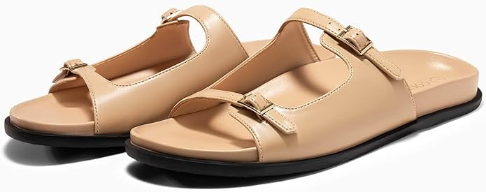 Coutgo Womens Flat Sandals Comfortable Wide Width Slides Double Strap Adjustable Buckle Slip on S... | Amazon (US)