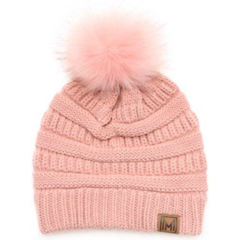MIRMARU Women's Soft Stretch Cable Knit Warm Outdoor Skully Faux Fur Pom pom Beanie Hats (Blush) | Walmart (US)