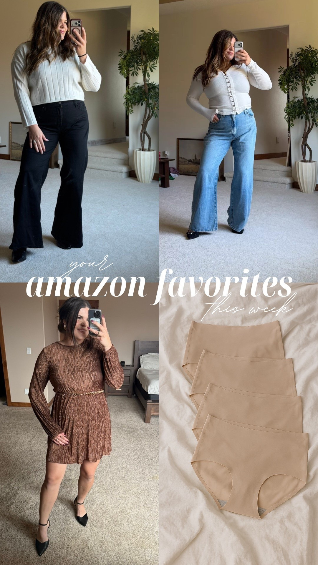 Your Amazon favorites this week!
-Stretchy and shaping Levi wide leg jeans size 33 
-cinch waist structured flattering jeans size 33 
- velvet holiday dress size xl
- seamless high waisted underwear size large 

#LTKMidsize #LTKmomlife #LTKPlusSize