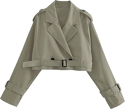 Xuehaya Womens Cropped Trench Coat Double Breasted Long Sleeve Casual Jacket Coats with Belt | Amazon (US)