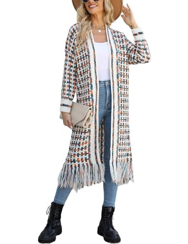 Perbai Womens Boho Cardigan Sweater Open Front Fringed Tassels Aztec Maxi Cardigan Jacket(Orange-S) | Amazon (US)