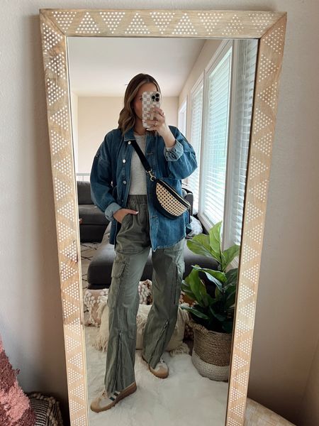 OOTD✨ my tee and cargo pants are on sale! Wearing a small denim button down, xs tee and xs pants. My bag is on sale for $14


