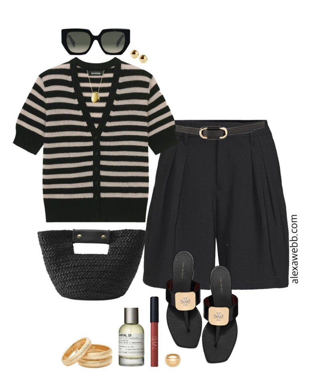 Plus Size Black Shorts Outfit - A plus size casual outfit idea for warm weather. Try these plus size black pleated shorts with a striped short sleeved cardigan, sandals, and a raffia clutch. So cute for spring and summer! Alexa Webb #plussize

#LTKPlusSize #LTKStyleTip #LTKOver40