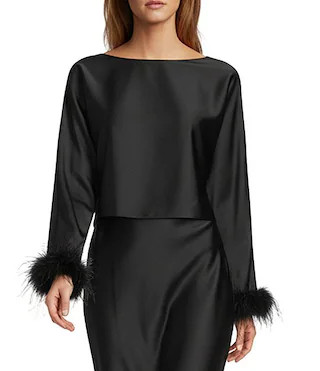 Blyss Drapey Satin Boat Neck Long Sleeve Feather Cuff Blouse | Dillard's