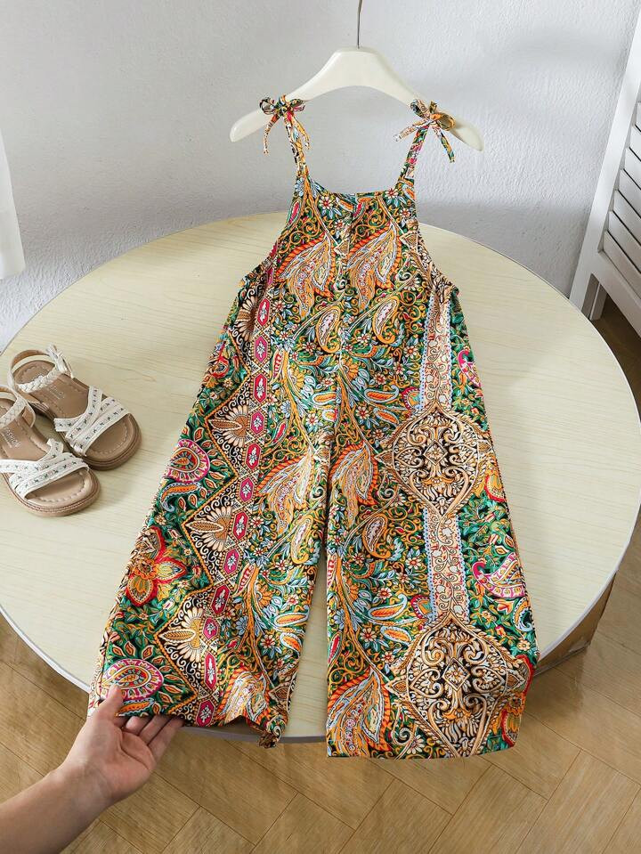 SHEIN Young Girl Paisley Flower Print Wide Leg Loose Jumpsuit | SHEIN