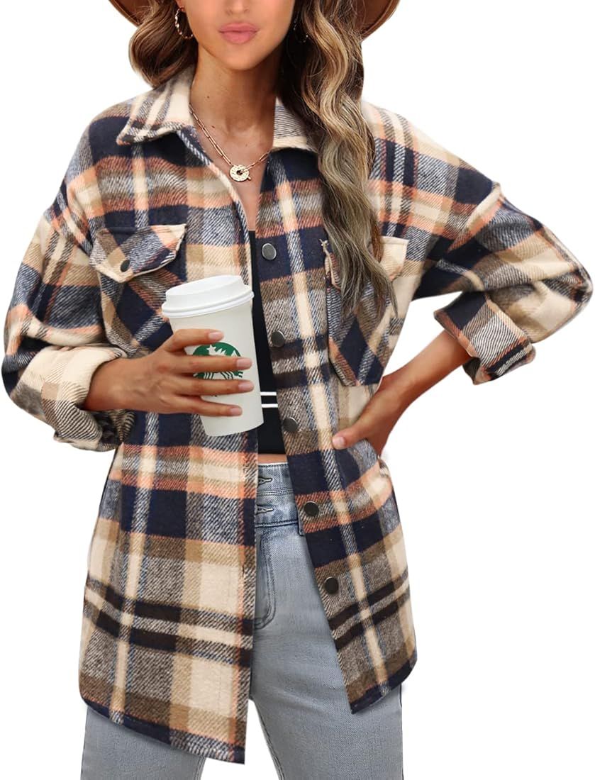 Womens Flannel Button Down Shirts Boyfriend Long Sleeve Oversized Blouses Tops 6020 Khaki Medium ... | Amazon (US)