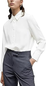 Women's Button Down Shirt Classic Long Sleeve Collared Tops Work Office Chiffon Blouse | Amazon (US)