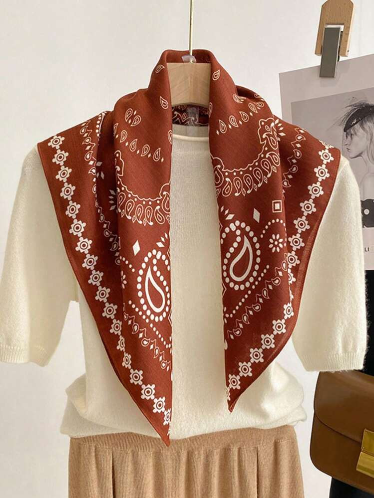 1pc Versatile Fashionable Paisley Blossom Linen Square Scarf 70, Lightweight Neckerchief Bandana ... | SHEIN