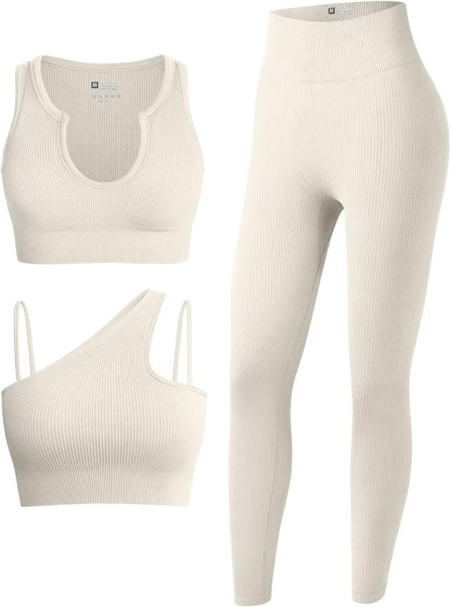 Amazon.com: OQQ Women's 3 Piece Outfits Ribbed Seamless Exercise Scoop Neck Sports Bra One Should... | Amazon (US)
