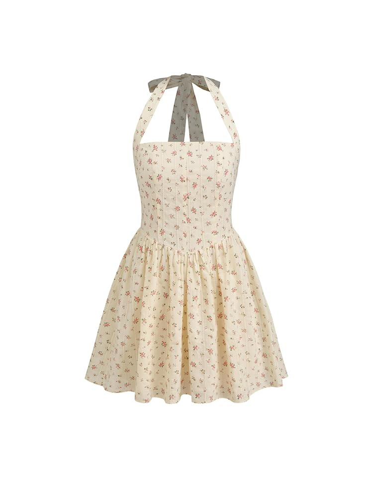 CIDER Mini Floral Dress Halter Neck Summer Ruffle Hem A Line Cotton Mid Waist Vacation | Amazon (US)
