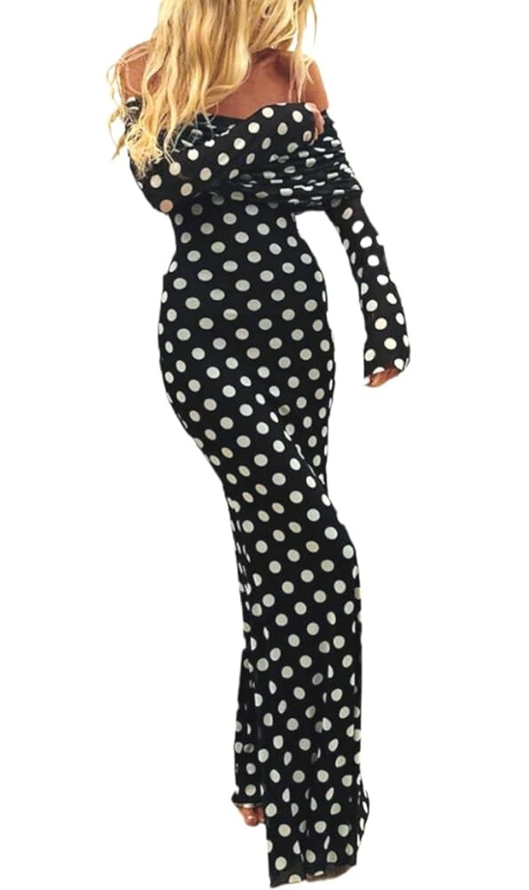 TYATVS Polka Dot Maxi Dress for Women Long Sleeve Off The Shoulder Maxi Dresses Sexy Mesh Party D... | Amazon (US)