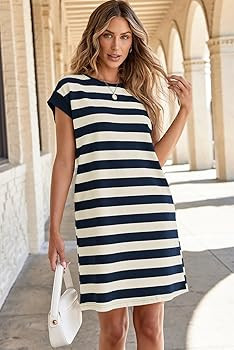 AlvaQ Vestidos de verano a rayas para mujer, cuello redondo, manga casquillo, bloque de color, ca... | Amazon (US)