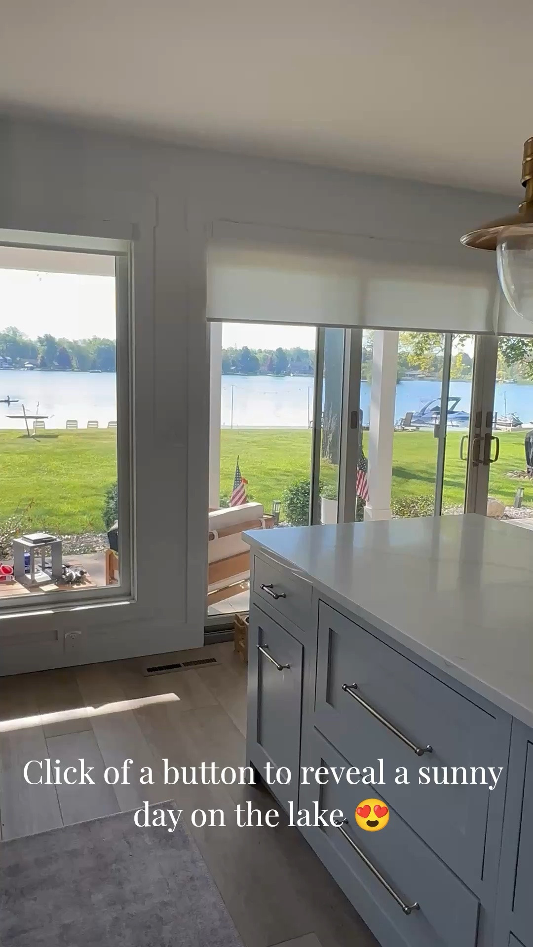 Love waking up at the lake and with a push of a button these automatic shades reveal the sparkling water 🌊 ☀️

#LTKmorningroutine