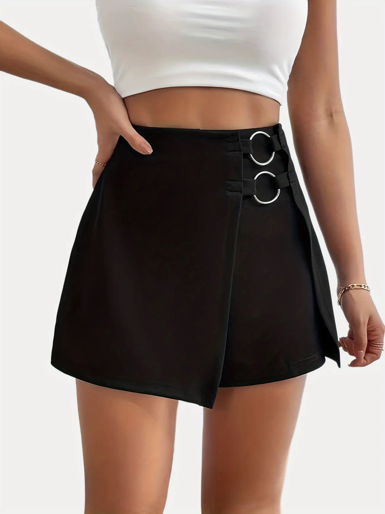 Ring Linked Solid Skorts, Casual High Waist Comfy Shorts, Women's Clothing | Temu Affiliate Program