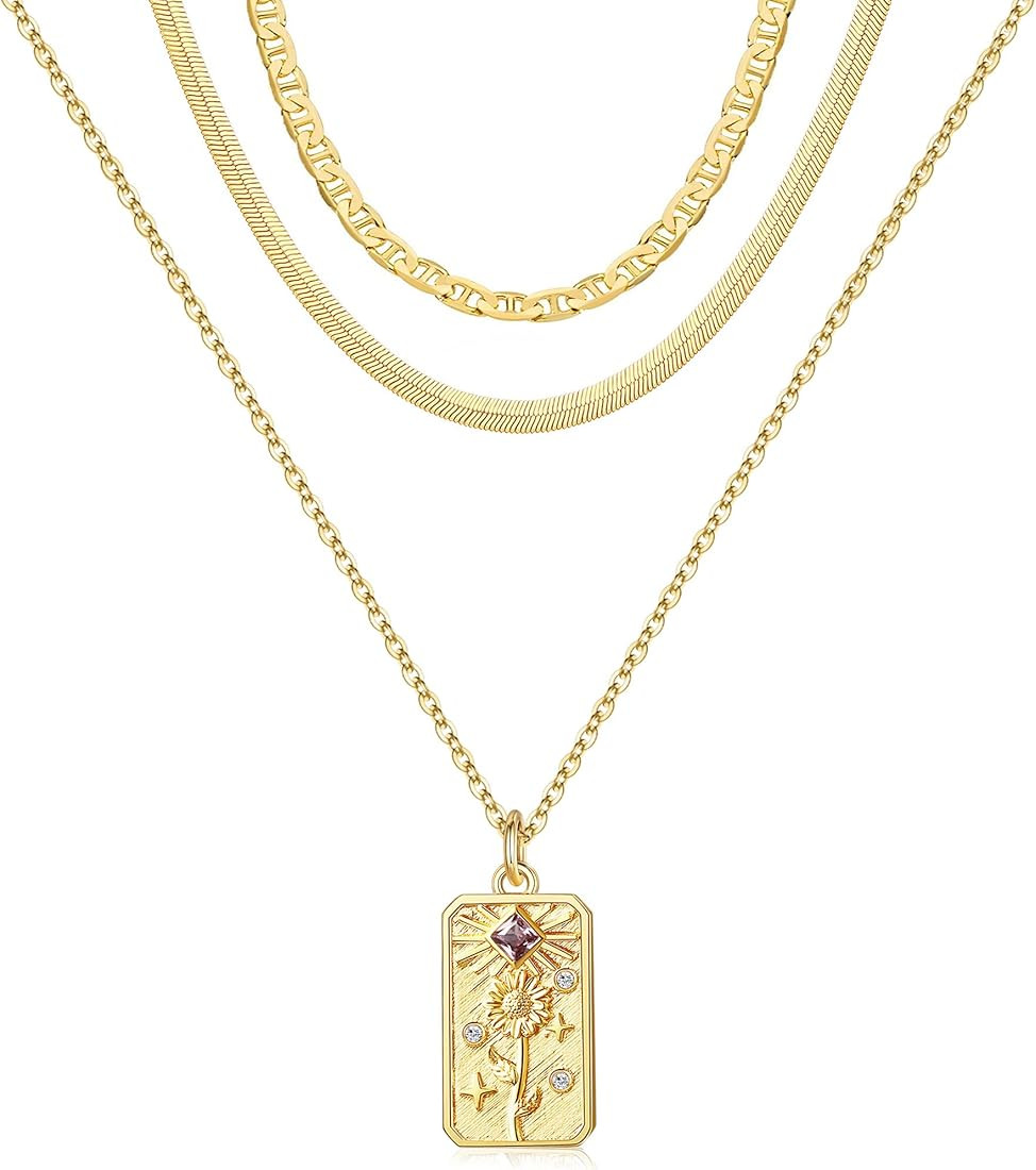 Getvely Birth Flower Layered Necklace for Women,Pendant Necklace 18K Gold Plated Dainty Paperclip... | Amazon (US)