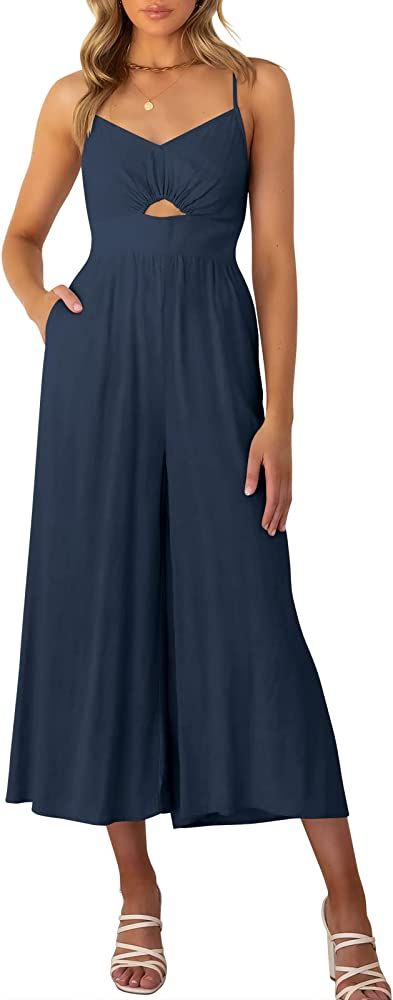 ANRABESS Women's Summer Spaghetti Straps V Neck Cutout Smocked High Waist Wide leg Jumpsuits Rompers | Amazon (US)