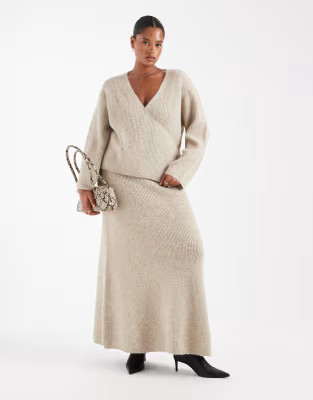 4th & Reckless Plus wool feel soft knit wrap tie detail cardigan and maxi skirt set in beige | ASOS (Global)