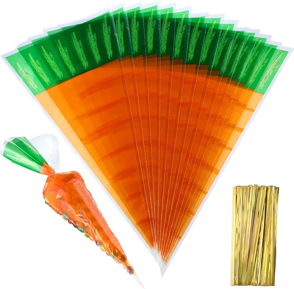 Boao 200 Counts Easter Carrot Patterned Cone Cellophane Bags Treat Goody Bags with 200 Pieces Gol... | Amazon (US)