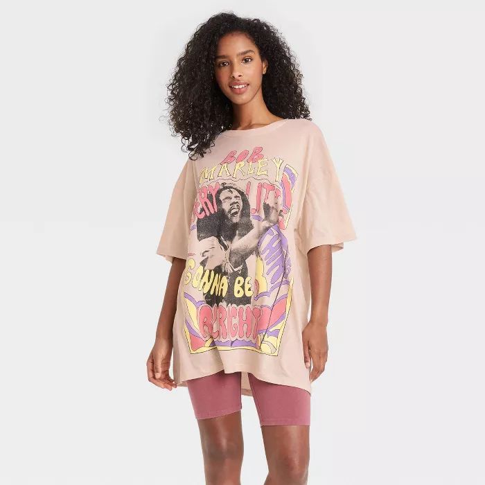 Women's Bob Marley Short Sleeve Graphic T-Shirt Dress - Tan | Target