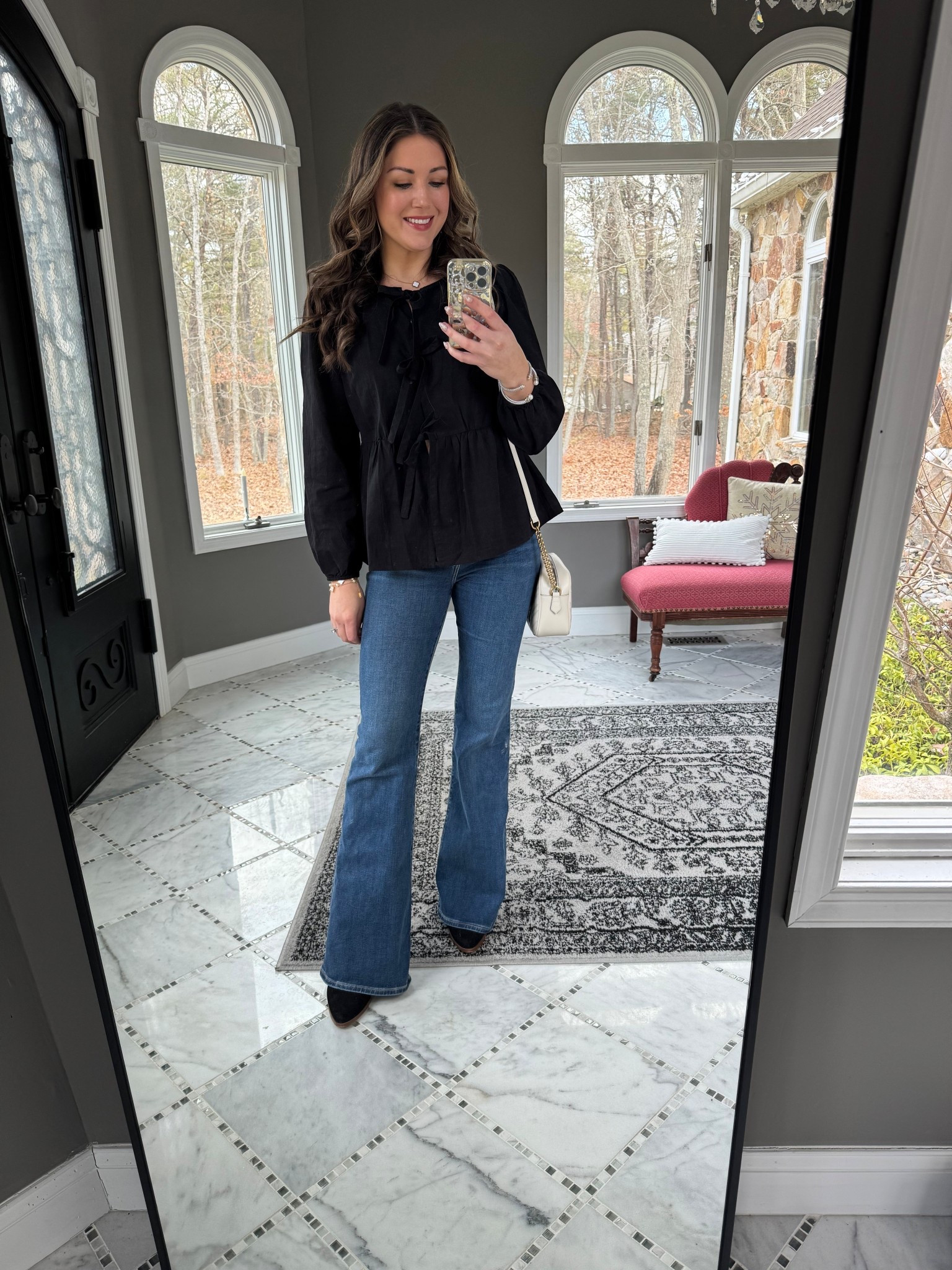 Holiday party outfit idea, tie front blouse, puff sleeve top, flare jeans, Gucci bag, neutral outfit, evening outing, dinner outfit, holiday outfit, party outfit, New Year’s Eve outfit, Christmas outfit, outfit ideas, mom outfit ideas, style over 30 

#LTKHoliday #LTKSeasonal #LTKootd