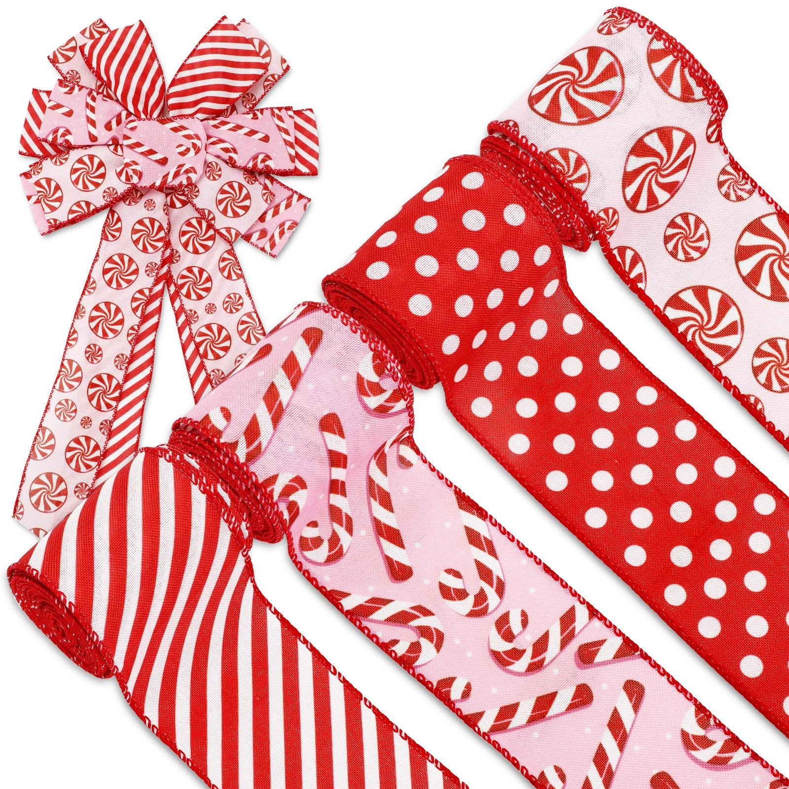 Christmas Wired Edge Ribbon Red Peppermint Candy Cane Ribbon Xmas Fabric Ribbon for Wreath Bow Ma... | Amazon (US)