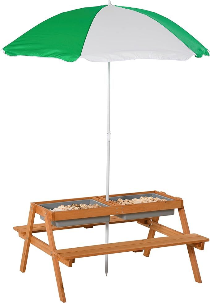 Outsunny Kids Picnic Table Set Wooden Bench with Sandbox Removable & Height Adjustable Parasol Ou... | Amazon (US)