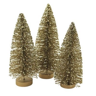 Christmas 10.25" Old Gold Bottle Brush Trees Set Of Three Glittered  -  Decorative Figurines | Target