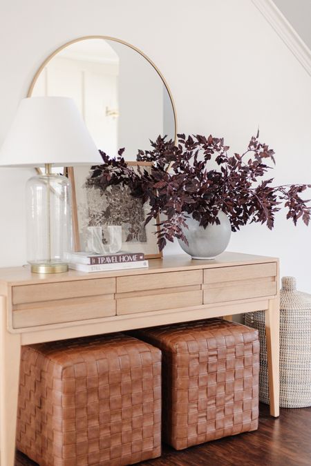Fall entry table decor with plum purple leaves foliage and target faux leather woven cubes

#LTKFind #LTKhome #LTKSeasonal