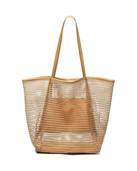 Women Mesh Tote Beach Bag, Casual Foldable Hobo Shoulder Bag | Amazon (US)