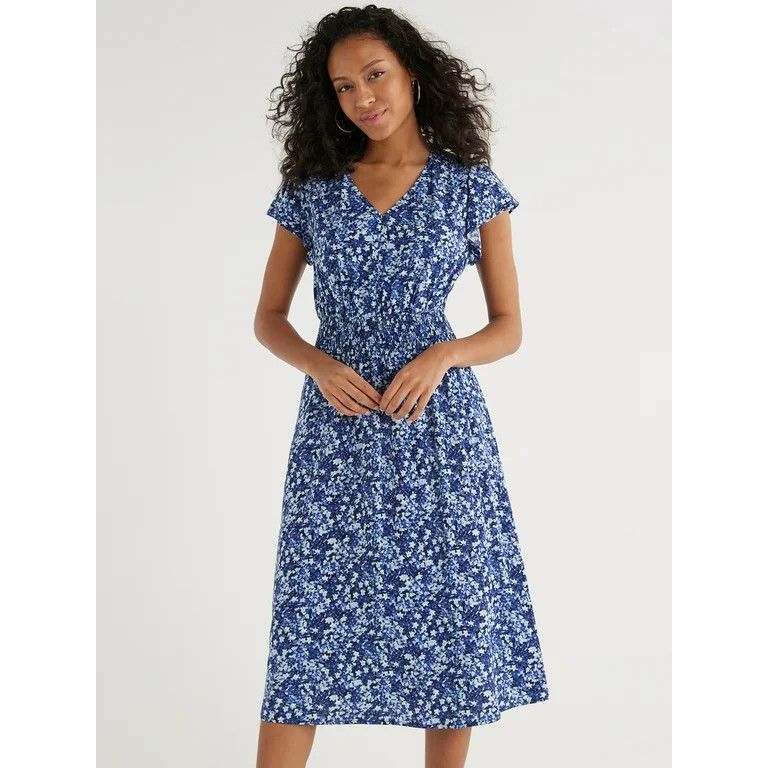 Time and Tru Women's and Women's Plus Smocked Waist Midi Dress with Short Sleeves, Sizes XS-4X | Walmart (US)