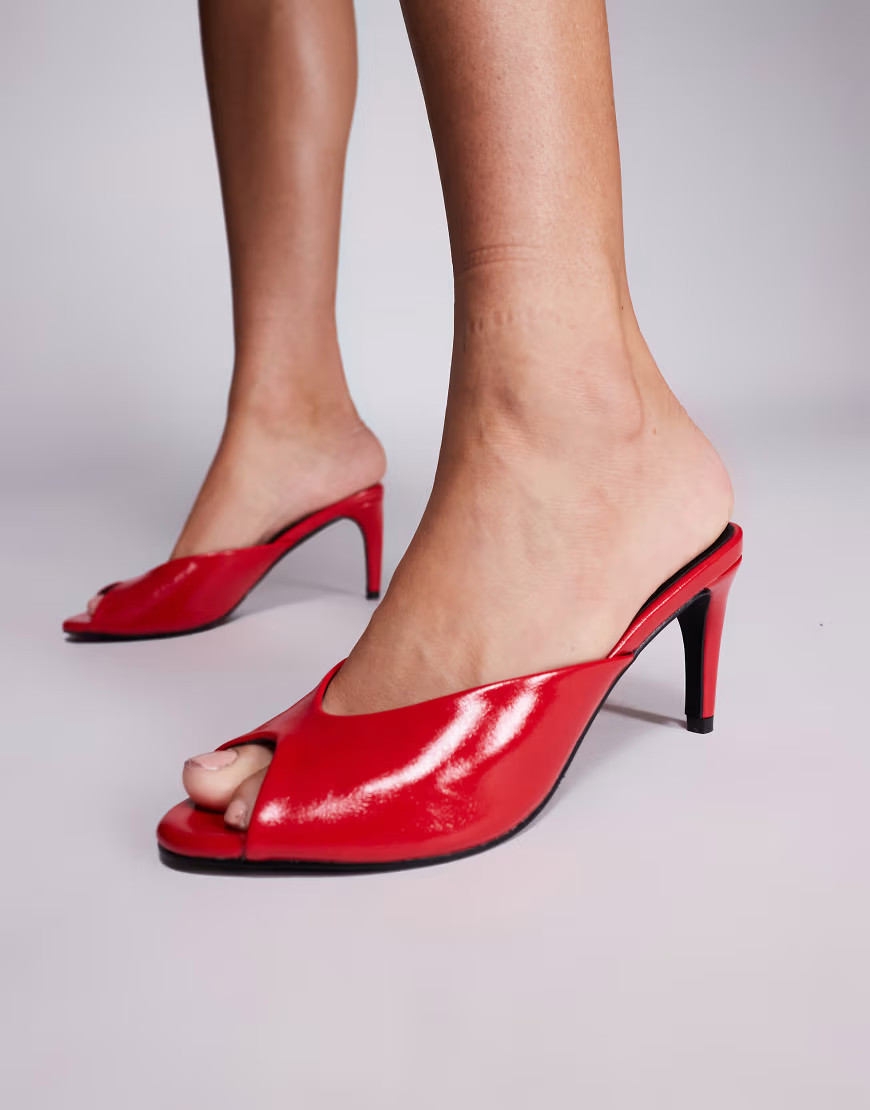Public Desire Stessy heeled peep toe mule sandals in red | ASOS (Global)