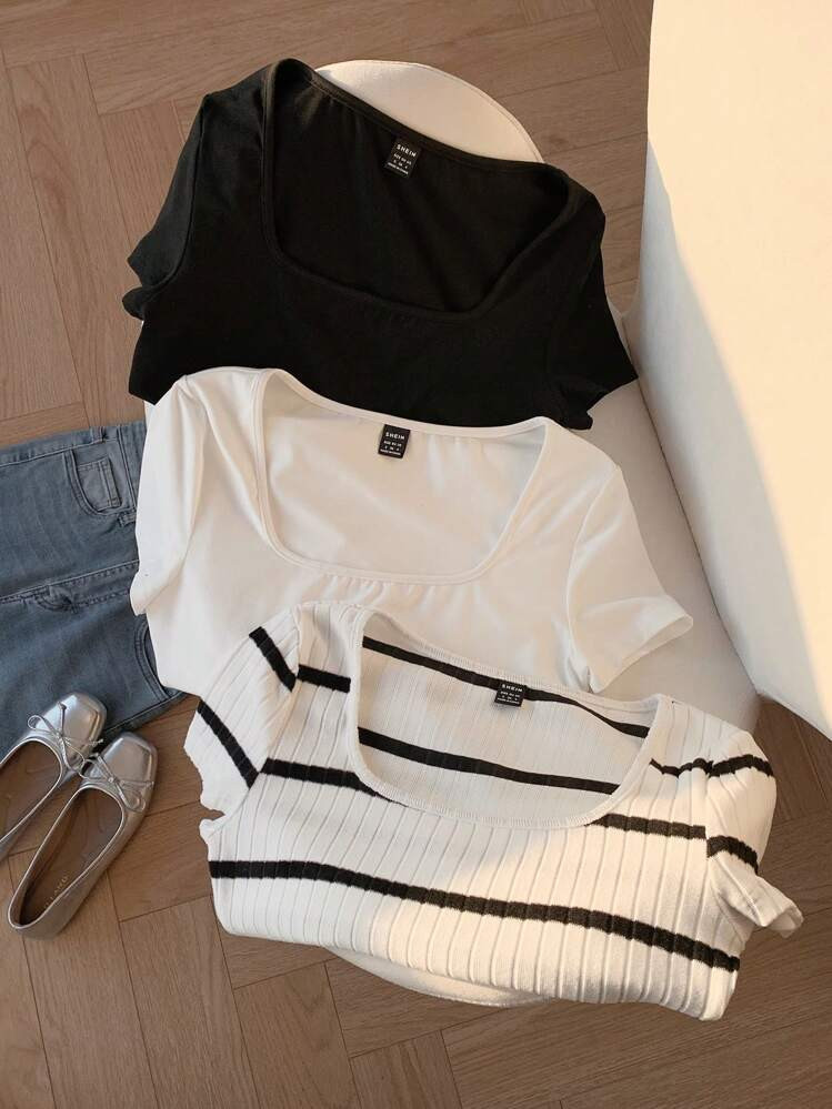 Comfortcana 3pcs/Set Women's Basic Crew Neck Short Sleeve Knit T-Shirts, Black & White | SHEIN