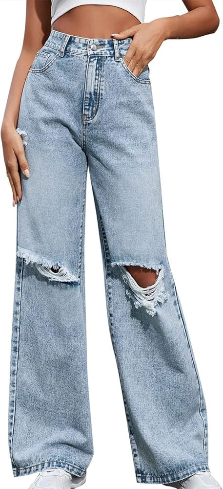 Uillui Wide Leg Ripped Jeans Women's Baggy Distressed Bootcut Denim Pants Casual Y2K Trendy Stree... | Amazon (US)