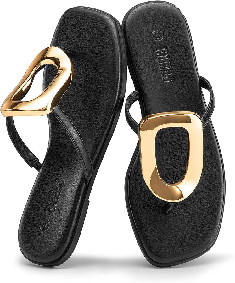 Rihero Flip Flops for Women Comfortable Square Toe Flat Sandals Slip On Summer Beach Slide Sandal... | Amazon (US)