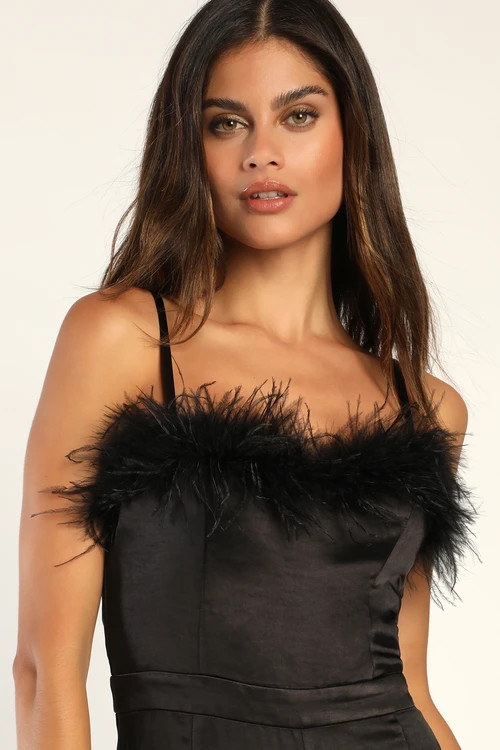Feather Together Black Satin Feather Wide-Leg Jumpsuit | Lulus (US)