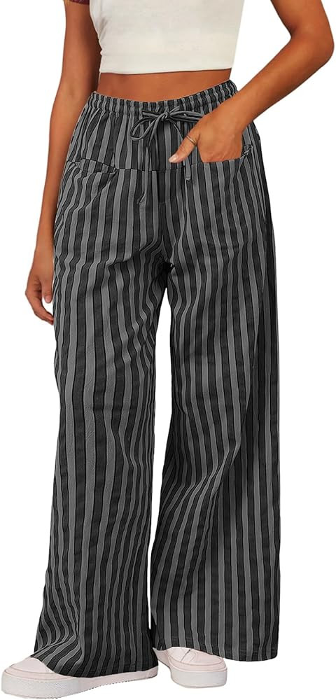 Acelitt Women Casual Drawstring Elastic Waist Loose Wide Leg Striped Pants with Pockets, S-XXL | Amazon (US)