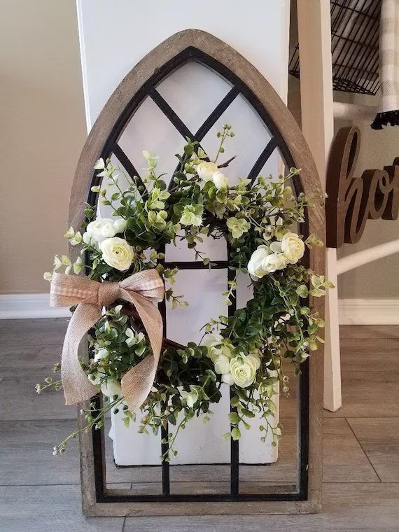 Cathedral Window Frame With Wreath/Window Frame With Wreath/Wall Decor/Mini Wreath/Farmhouse Wind... | Etsy (US)