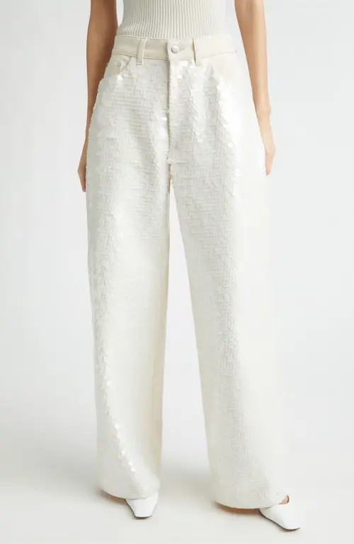 Stella McCartney Opalescent Sequin Wide Leg Jeans in Ivory White Denim at Nordstrom, Size 26 | Nordstrom