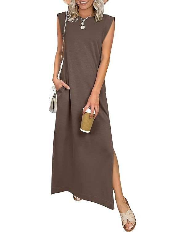 ANRABESS Women Summer Casual Sleeveless Maxi Dress 2026 Crewneck Loose Split Wrinkle-Free Beach T... | Amazon (US)