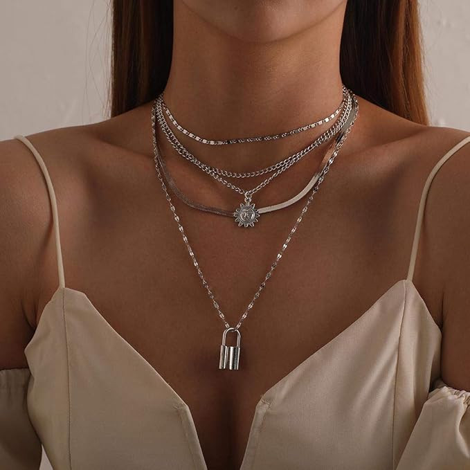 Bmadge Punk Lock Necklaces Silver Sunflower Pendant Muti-layered Necklace Herringbone Necklaces C... | Amazon (US)