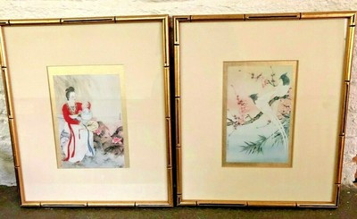 Pair Asian Chinese Lithographs Signed Numbered by H.Lee Gold Faux Bamboo Frames | eBay US