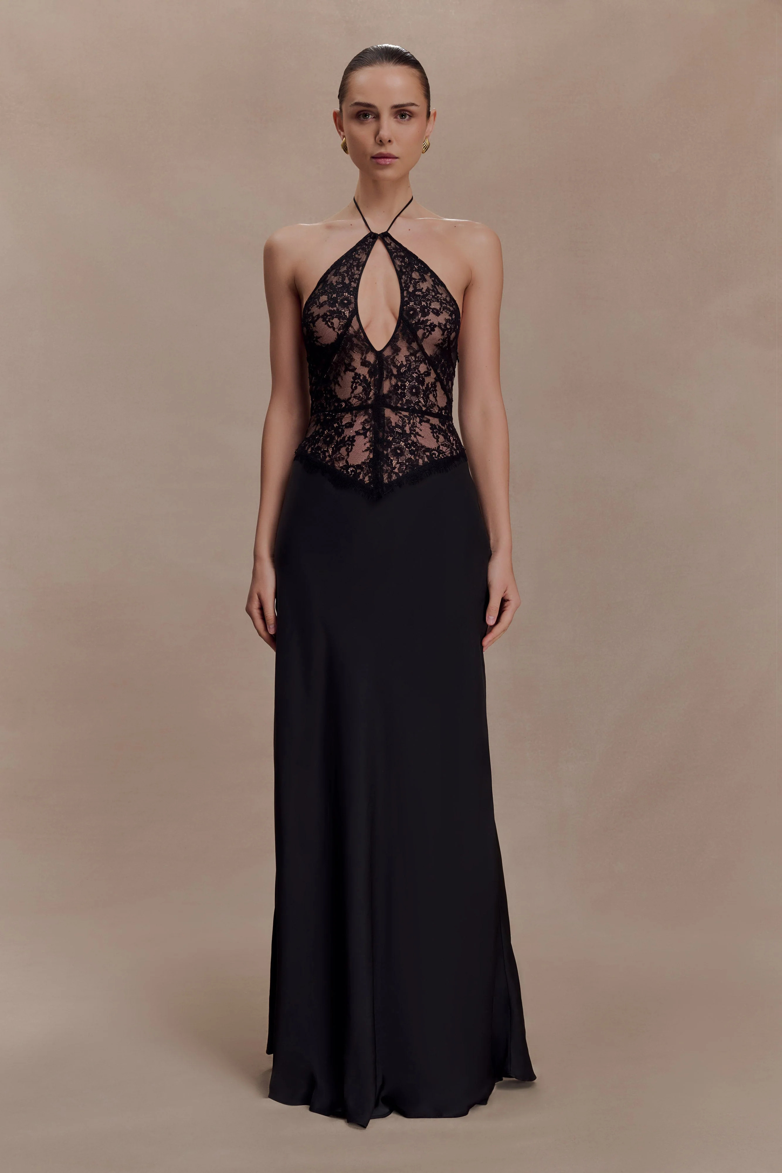 Sascha Lace And Satin Halter Maxi Dress - Black | Meshki UK
