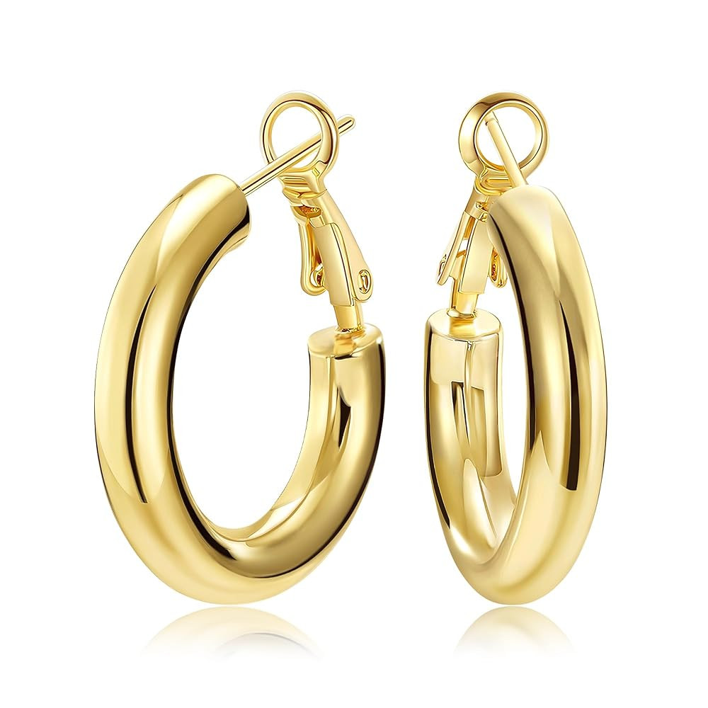 SHOWNII Chunky Gold Hoop Earrings - 14K Gold Plated Earrings for Women Hollow Tube Thick Hoops Gr... | Amazon (US)
