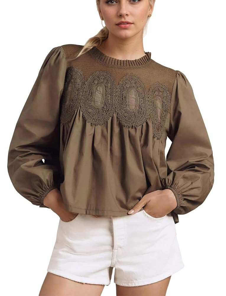 Women's Lace Mesh Floral Embroidery Blouse Long Puff Sleeve Dressy Babydoll Top Ruffle Hem Patchw... | Amazon (US)