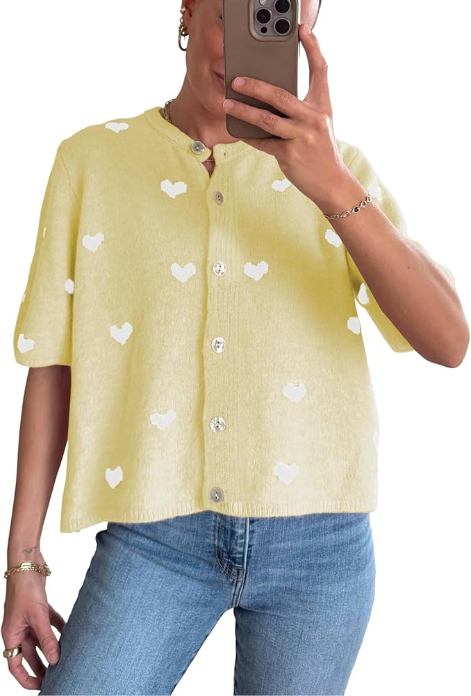 Springrain Womens Lightweight Short Sleeve Cardigan Button down Cropped Cute Heart Sweaters Knitw... | Amazon (US)