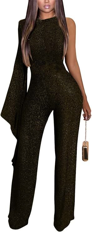 SeNight Women Sparkly Jumpsuits Sexy Long Sleeve Elegant Mock Neck Shiny Straight Long Pants Romp... | Amazon (US)