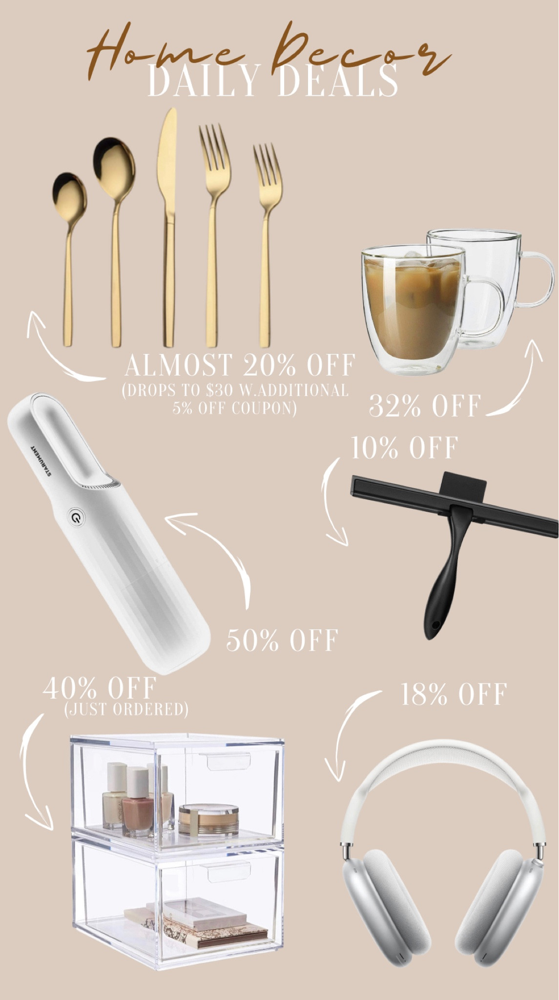 Daily deals - here is today’s round up of deals I found on Amazon !

Kitchenware
Mugs
Silverware
Vacuum
Squeegee
Organization
Apple headphones 

#LTKGiftGuide #LTKhome #LTKstyletip