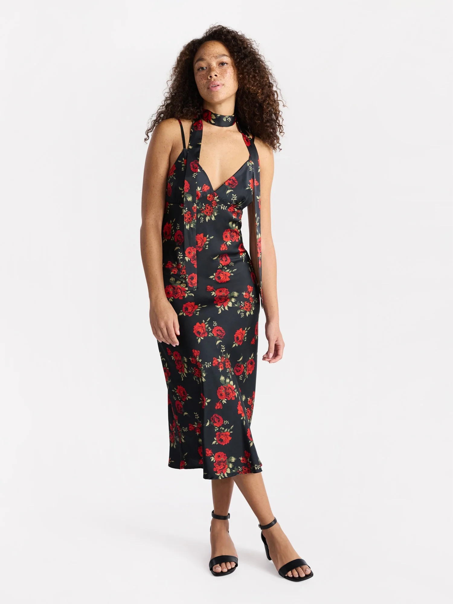 No Boundaries V-Neck Satin Maxi Dress with Scarf Set, 2-Piece, Women's | Walmart (US)